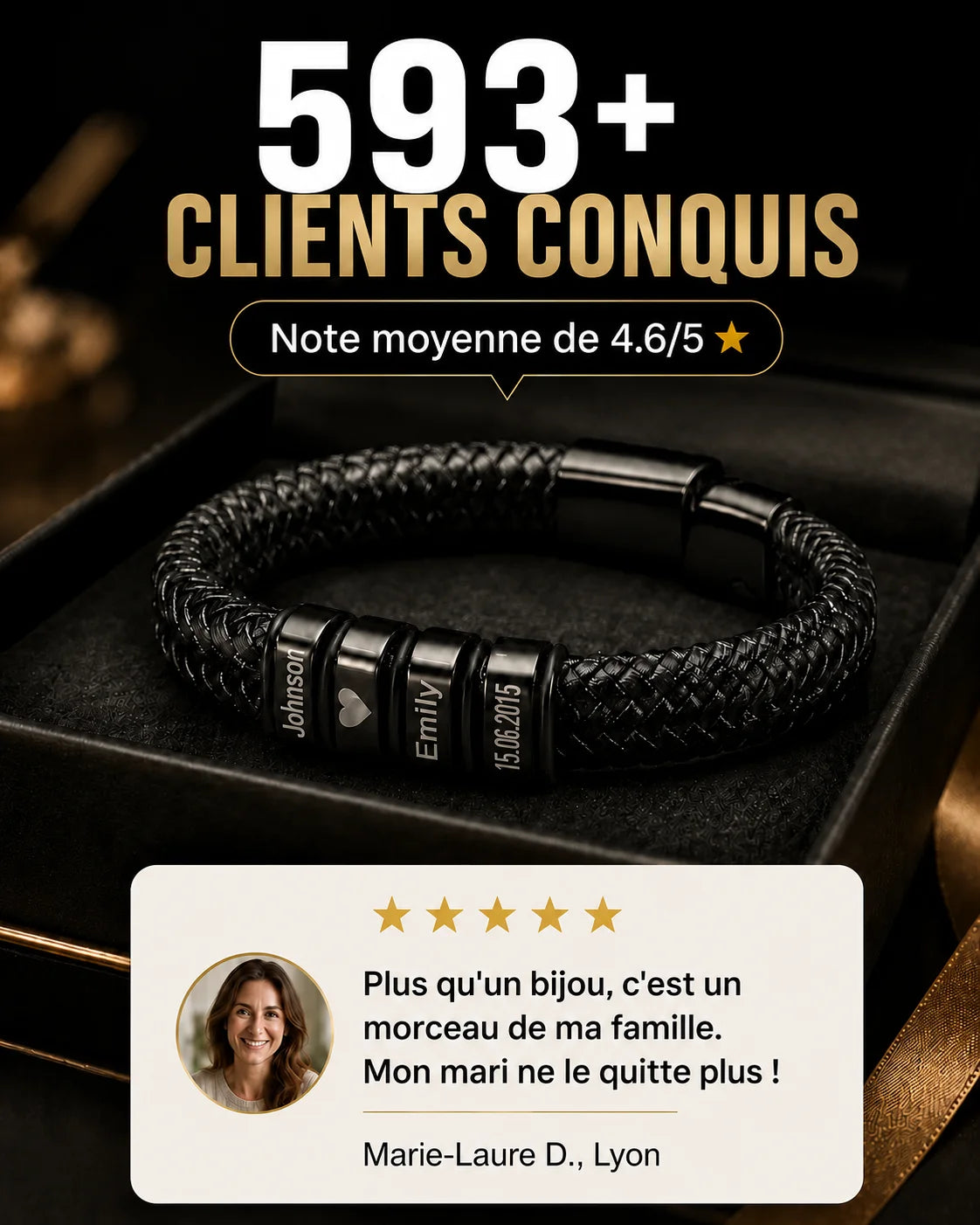 Bracelet "Héritage" — Cuir Tressé &amp; Perles Gravées