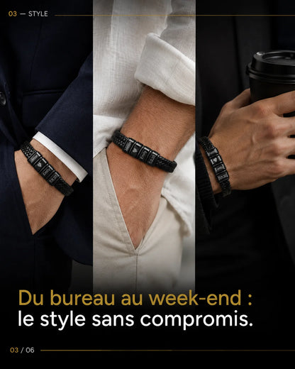 Bracelet "Héritage" — Cuir Tressé &amp; Perles Gravées