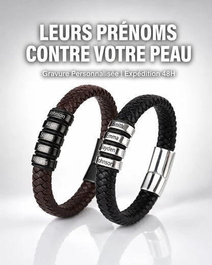 Bracelet "Héritage" — Cuir Tressé &amp; Perles Gravées