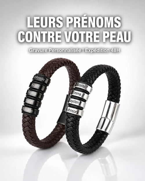Bracelet "Héritage" — Cuir Tressé &amp; Perles Gravées