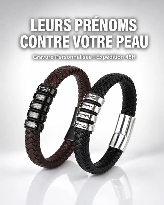 Bracelet "Héritage" — Cuir Tressé &amp; Perles Gravées