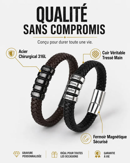 Bracelet "Héritage" — Cuir Tressé &amp; Perles Gravées