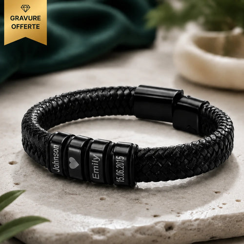Bracelet "Héritage" — Cuir Tressé &amp; Perles Gravées