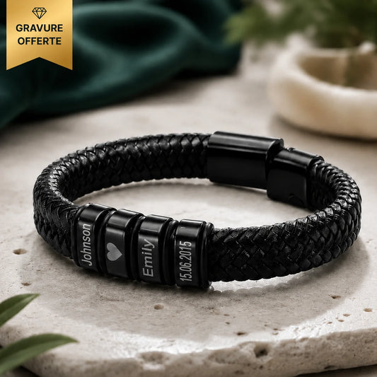 Bracelet "Héritage" — Cuir Tressé &amp; Perles Gravées